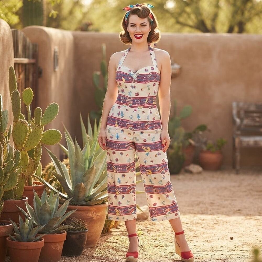 Bettie Page Coral & Jade Southwestern Halter Jumpsuit Size 14 Retro Pinup